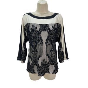 Chicos Thirty Unforgettable Years Black Floral Lace Cream Blouse Top Sz 2 Large